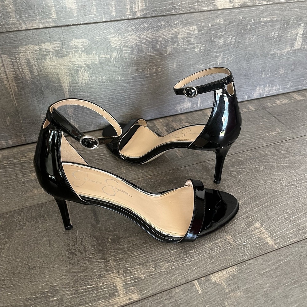 Jessica Simpson Chic Black Patent Strappy Heels Minimal Ankle Strap Stiletto 7M - Picture 14 of 15